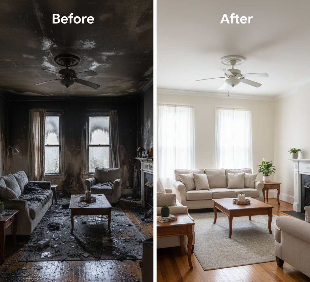 Restoration specialist cleaning soot from walls